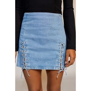 BDG Light Blue Denim Skirt with Lace-Up Detail